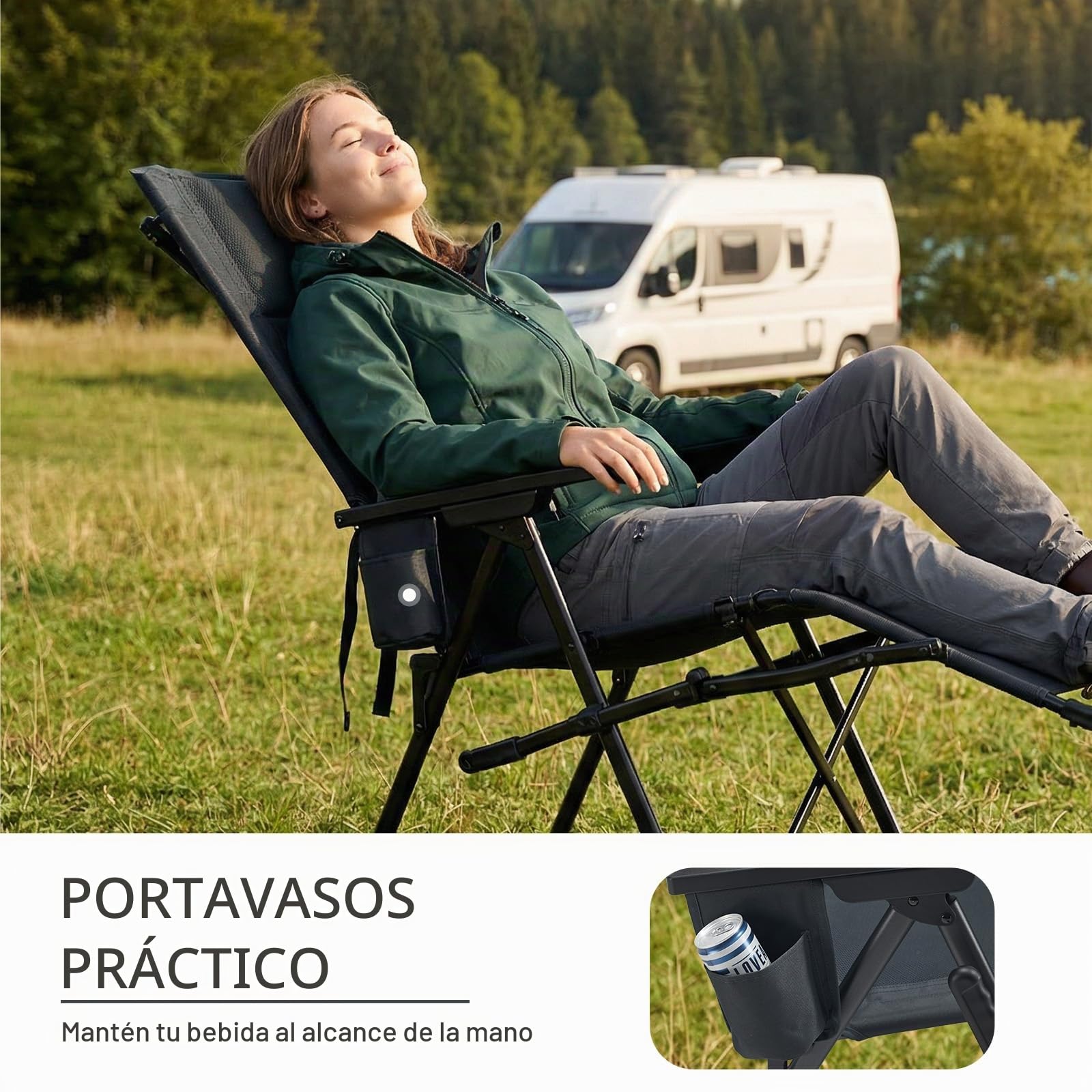 TIMBER RIDGE Silla de camping plegable en 4 posiciones, respaldo ajustable con reposapiés, asiento acolchado plegable, 150 kg, tumbona de jardín para camping, jardín, balcón, autocaravana