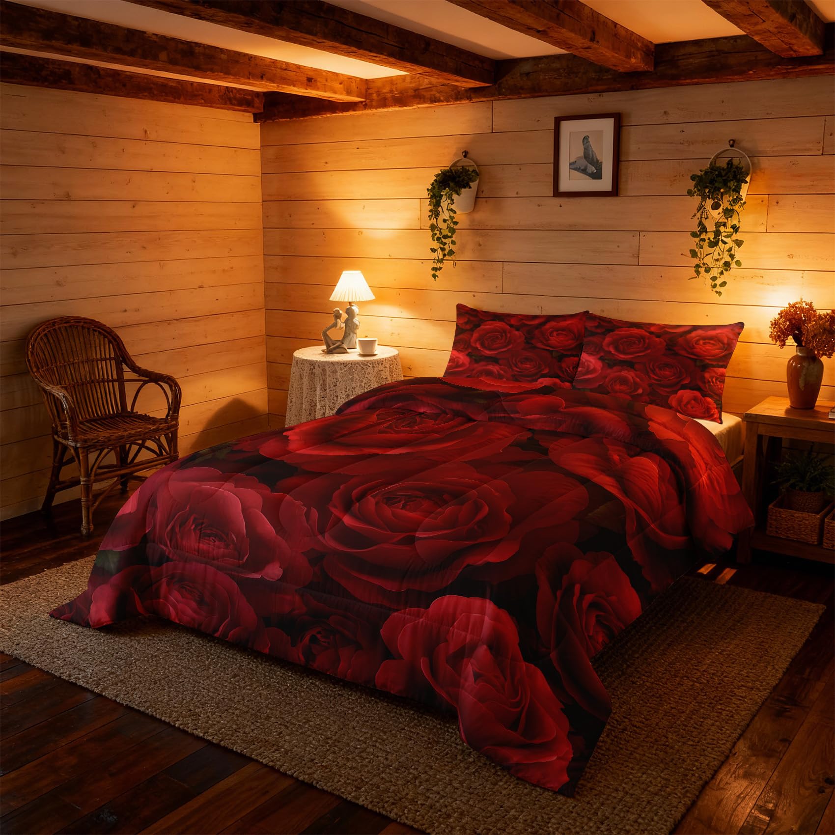Generisch Bettdecke 155x220 Blumen Rot - 4 Jahreszeiten, Vintage 3D Rosen Blumenmuster Steppdecke & 1 Kissenbezug 80x80 - Schlafzimmer Deko, Weiche Mikrofaser Ganzjahresdecke Ohne Bezug #m350