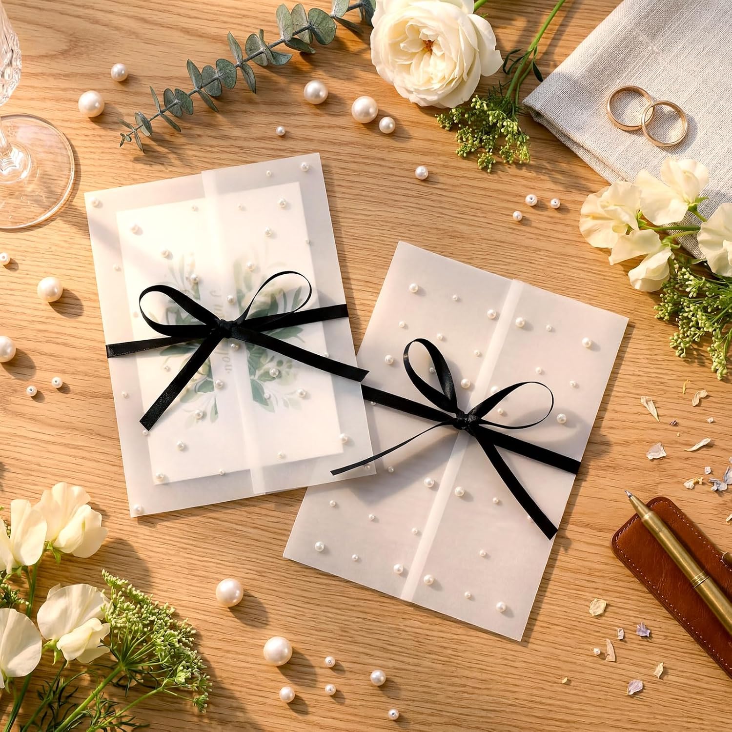 Faccito 100 Pcs Pre Folded Vellum Jackets for 5x7 Invitations Wedding Invitation Vellum Paper, Pearls Stickers, Ribbon, Tweezers, Envelope Tissue Paper Inserts for Wedding Birthday DIY Craft (Simple)