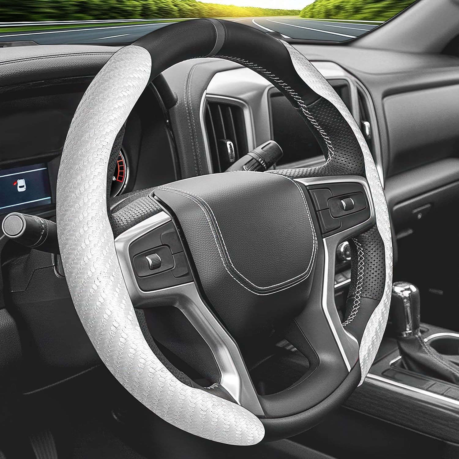 Steering Wheel Cover for Ford Bronco, Car Accessories Steering Wheel Covers for Women Men, Carbon Fiber Anti-Slip Snap on Grip, 2PCS Segmented Design, Standard Size (14.5"-15" - White)
