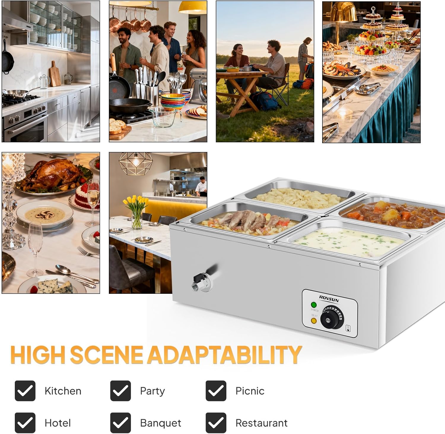 Bonnlo 42.3 QT 4 Pan Commercial Electric Food Warmer, Counter Top Electric Bain-Marie with Warming Plate, Steam Table Food Warmer for Catering, Parties Buffet and Restaurant, Stainless Steel, 1200W