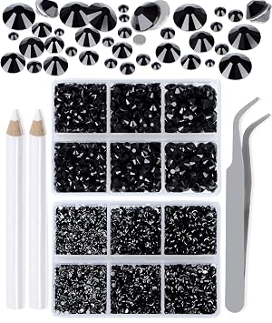 LPBeads 6000 Pieces Black Non Hotfix Rhinestones 6 Sizes Round Crystal Glass Flat Back Rhinestones with Tweezers and Picking Pen for Nail Art Crafts Clothes Bags DIY