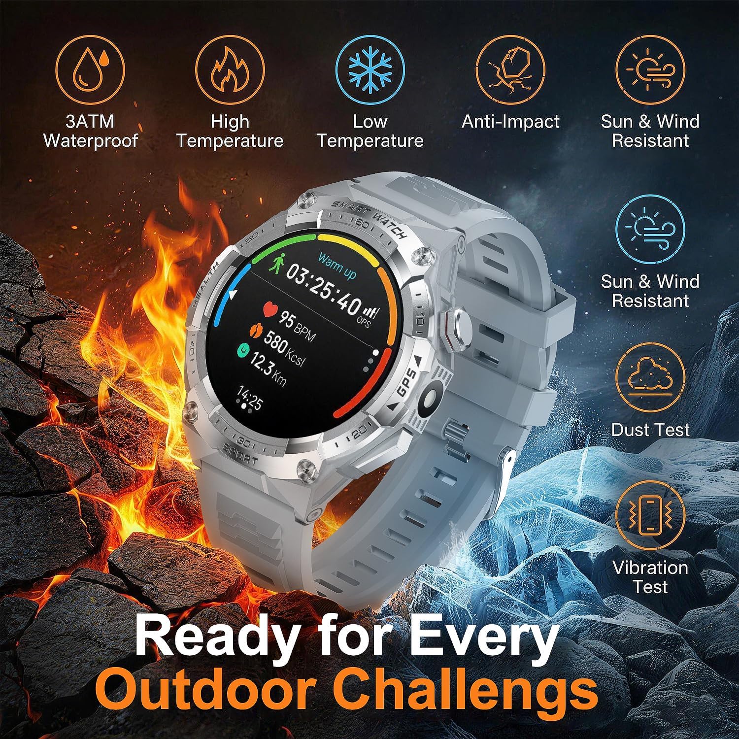 Military Smart Watch for Men with Built-in GPS,115 Sport Mode Fitness Tracker，24/7 Heart Rate Sleep Monitor，Answer/Make Calls/60 Days Battery,3ATM Waterproof Smartwatch for Android iPhone,Silver