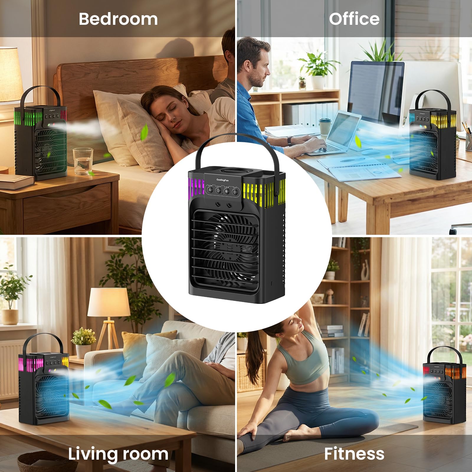 Mobile Klimaanlage, 4-in-1-Klimaanlage Mobil mit Fernbedienung/3 Geschwindigkeiten/3 Nebelmodi/1200-ml-Wassertank/2-8-Stunden-Timer/Nachtlicht, Mini Klimaanlage für Zimmer Wohnung Auto Camping