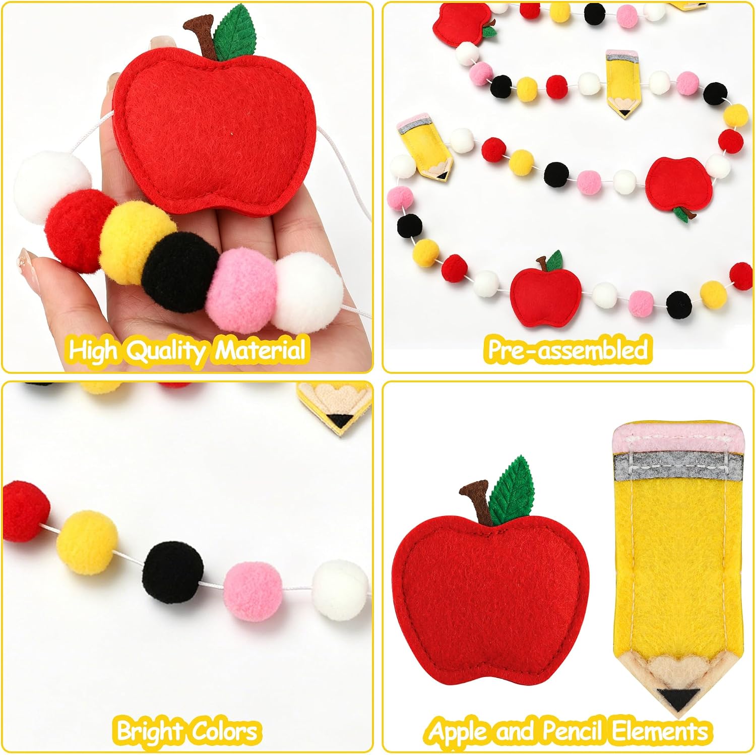 8.2Ft Back to School Felt Pom Banner Cute 3D Pencil Apple Felt Ball Garland Pre-Strung Colorful Welcome Back to School Pompom Hanging Garland for First Day of Schools Classroom Home Wall Party Decor image 3