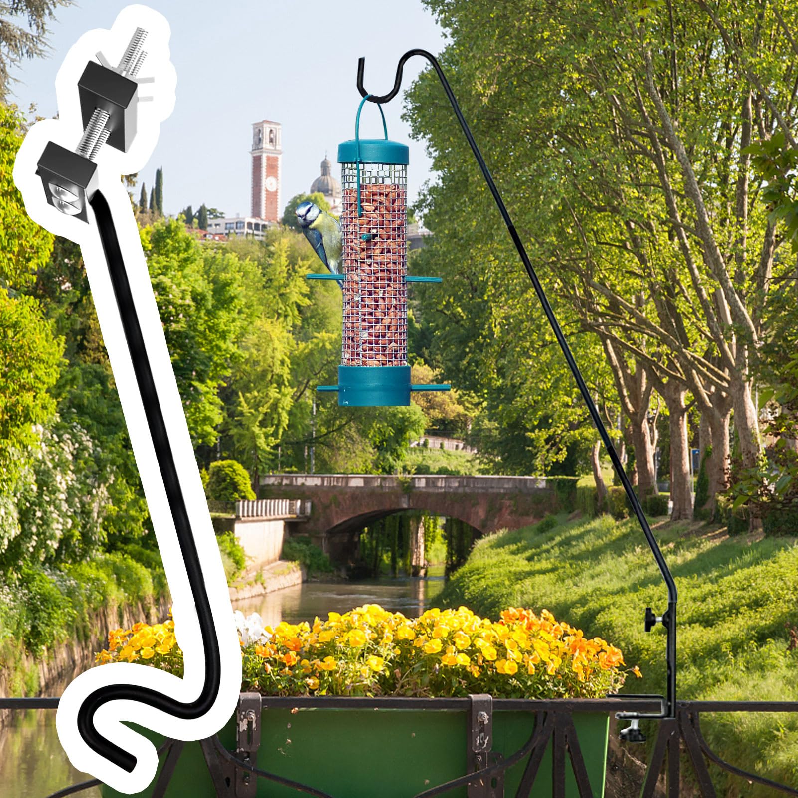 Poteau Mangeoire pour Oiseaux Résistant, Crochet à pour Balcon et Garde-Corps, Support Pivotant Décoratif pour Mangeoires à Balcon, Jardin et Rampe
