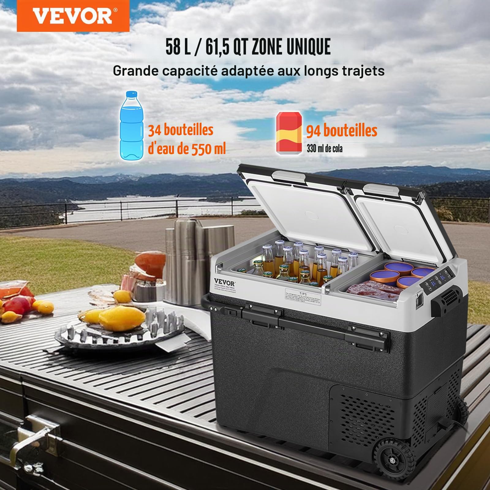 VEVOR Réfrigérateur Portable 58 L, Mini Frigo de Voiture su Roulettes 12 V, Glacière à Double Zone Température Réglable -20 °C à 20 °C, Congélateur à Compression pour Maison Camion Bateau Camping