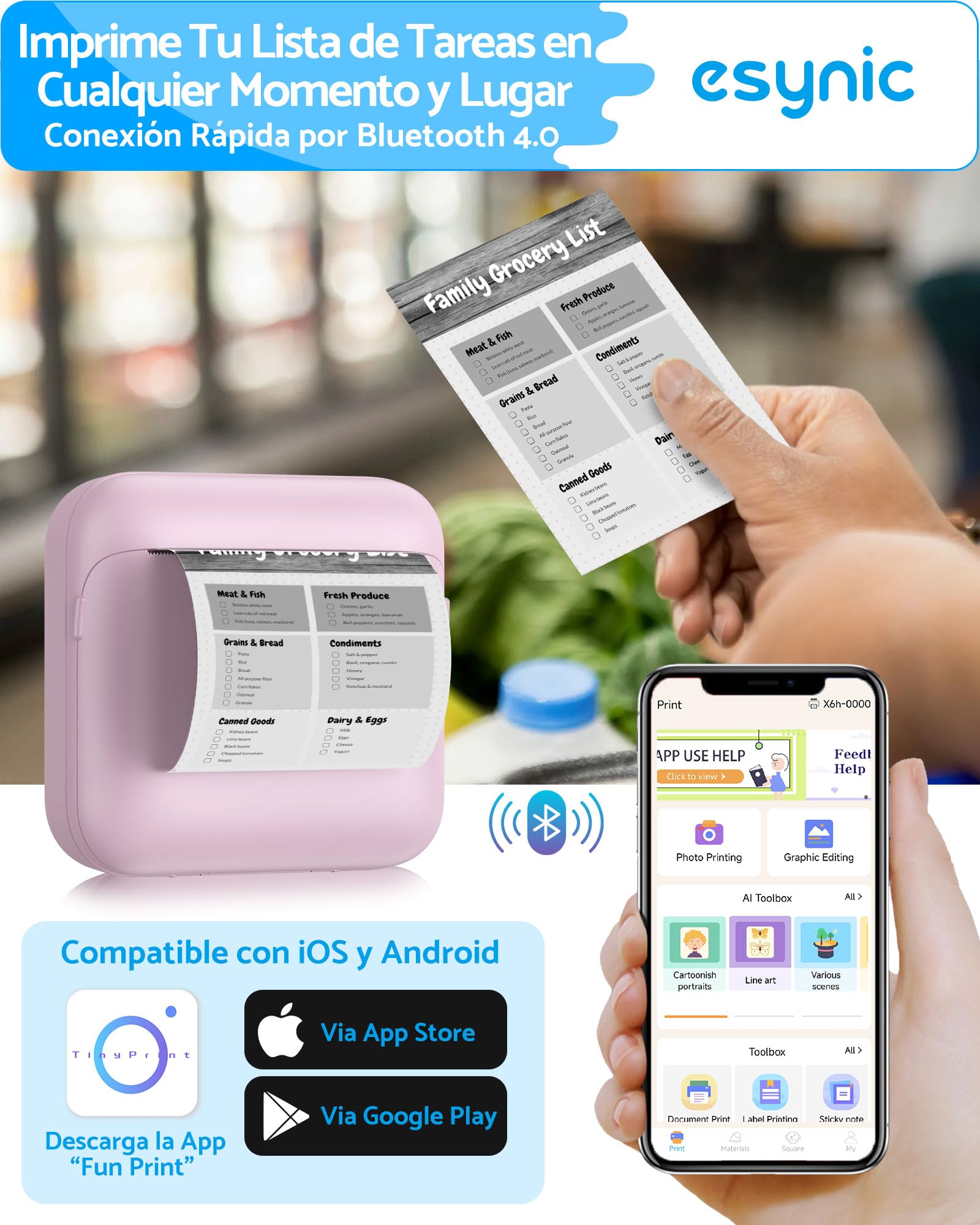eSynic Mini Impresora Térmica Portátil Sin Tinta Impresora Compacta Bluetooth para Fotos Texto y Stickers Impresión Rápida en Casa y Oficina Compatible Android e iOS Incluye Papel y Accesorios-Rosa