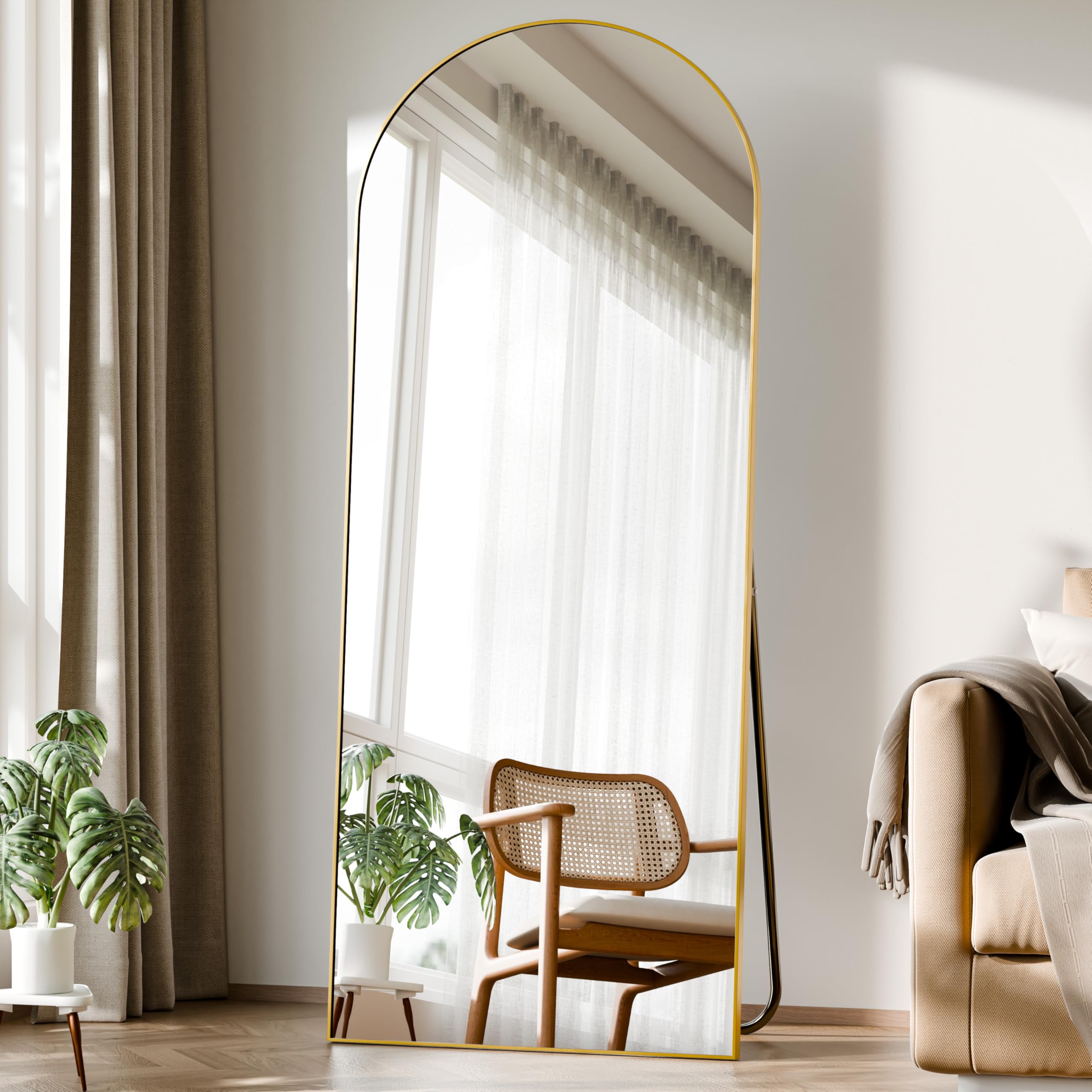 BEAUTYPEAK Arched Floor Mirror with Stand, 142x52 cm Aluminum Alloy Frame Full Body Mirror, Standing Hanging or Leaning Against Wall for Wall Bedroom Bathroom Decor, Gold โ image 1