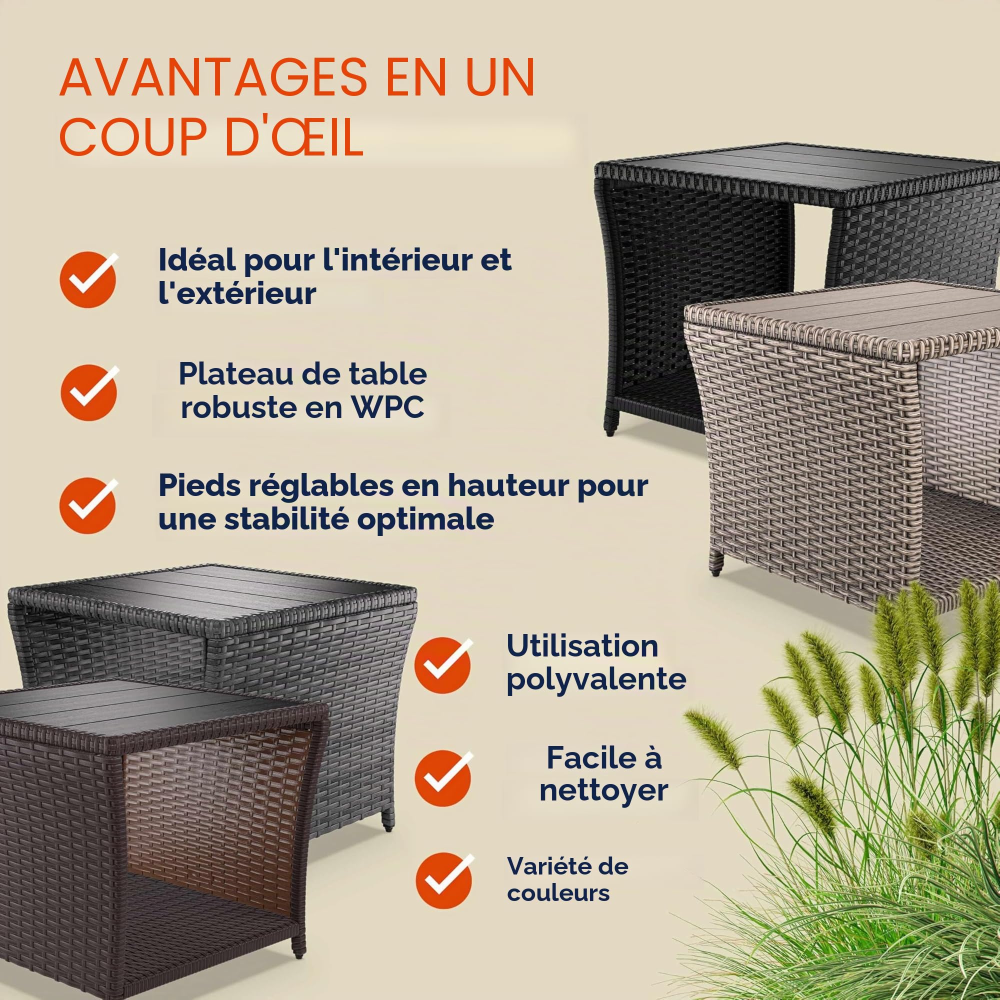Casaria Table d'appoint en polyrotin Brun Plateau WPC 45x45x40cm réglable en Hauteur Jardin Balcon