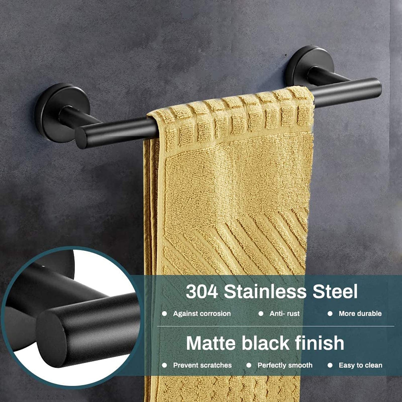 Toallero Baño - 5 Piezas Juego De Accesorios Baño Toallero Barra + Portarrollos para Papel Higiénico +3 Perchas, Acero Inoxidable, Instalación del Agujero, Adecuado para Baño-Cocina,Negro
