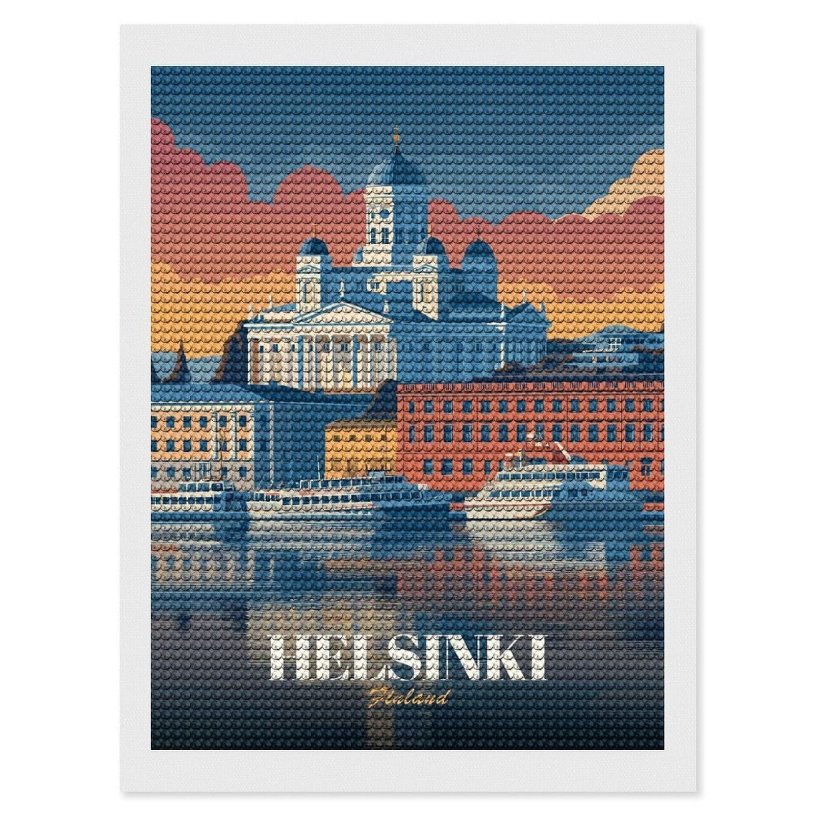 Junmoney Helsinki, Finland Cityscape Illustration Crystal Diamond Art Kit 12"x16", Modern Decor, Boho Decor, Wall Art Gift, Decorative Artwork, Creative Hobby