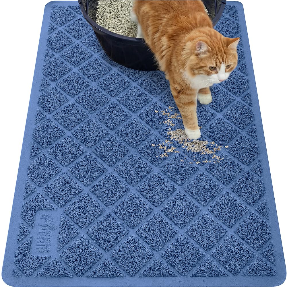GORILLA GRIP Cat Litter Box Mat, 35x23, Cushioned Coil Mesh Litter Trapping Mats, Scatter Control Supplies for Less Mess, Phthalate Free, Ultra Deep Catch Grooves, Rinse or Vacuum to Clean, Navy Blue