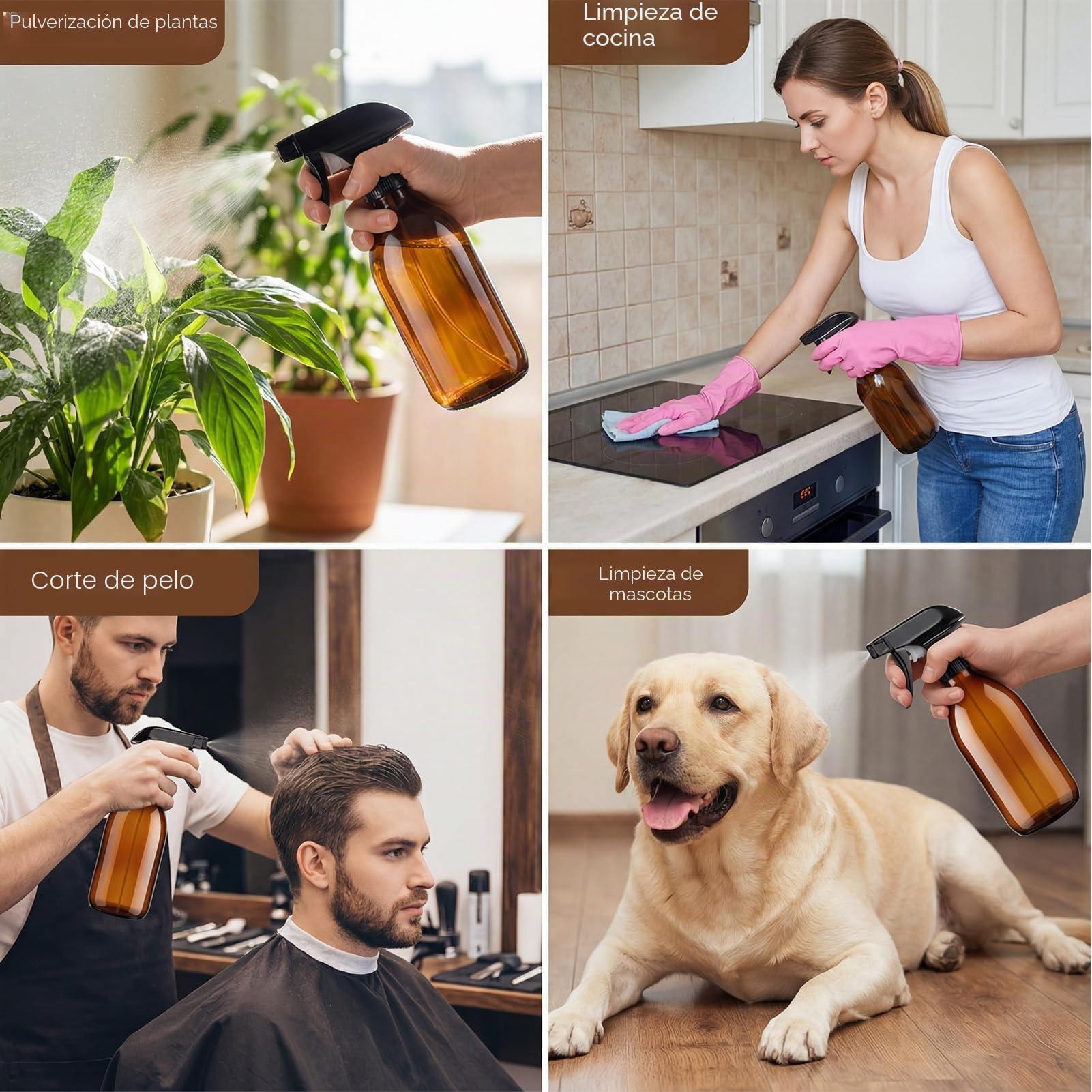 Botellas de Spray Vacías 500ml Vidrio Ámbar Pulverizador para Plantas Limpieza Peluquerías