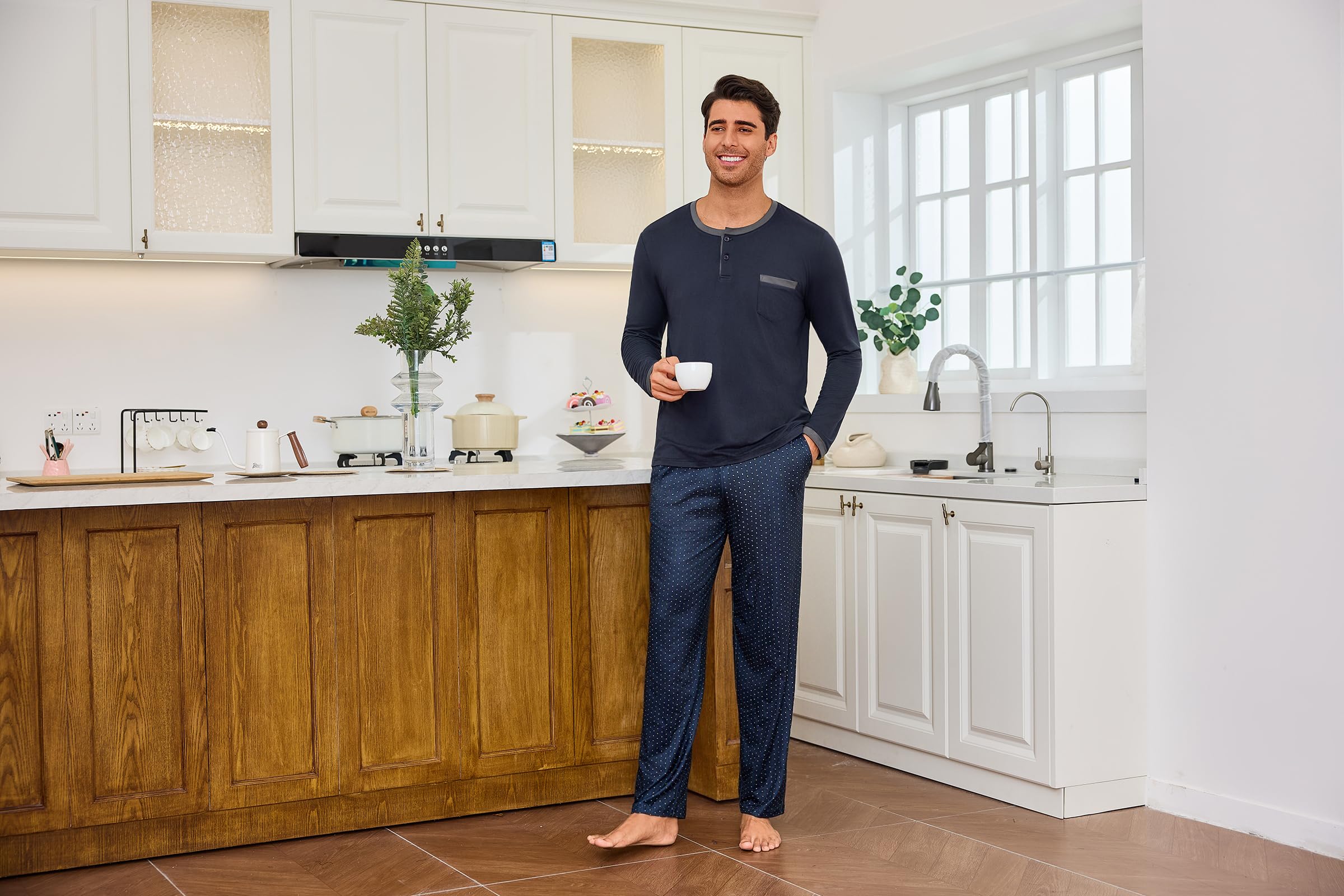 Jahetuul Pigiama Uomo Cotone Caldo Lungo con Bottoni Pigiami Due Pezzi da Uomo Invernale Morbido e Confortevole da Casa con Stampa S-4XL