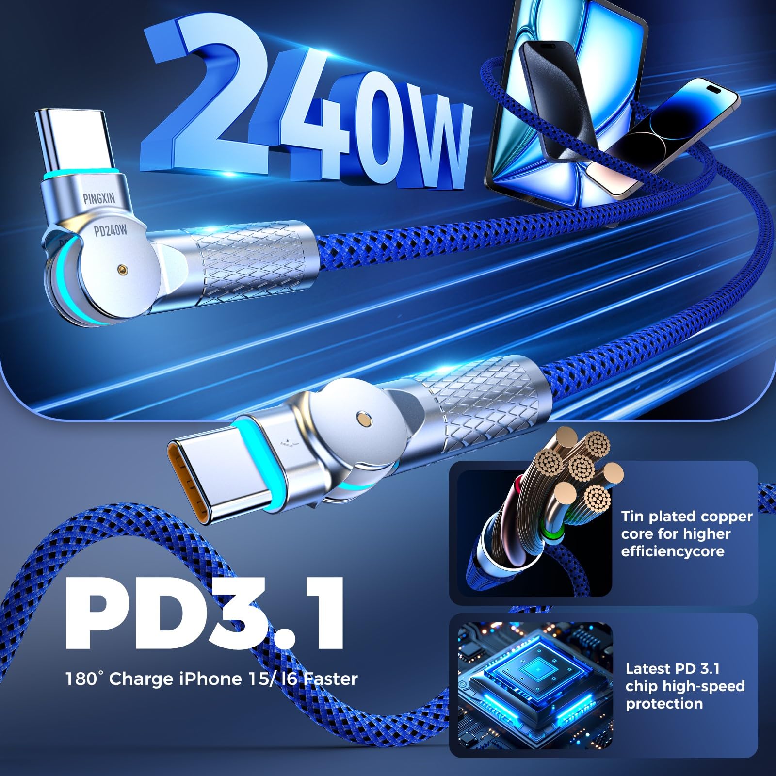 Cable USB C a USB C de 6.5 pies, 240 W, 2 unidades, trenzado giratorio de 180°, cable de carga tipo C, carga rápida para iPhone 15/16/16Pro/16Plus/16ProMax, MacBook Air, iPad Pro, Pixel, Samsung