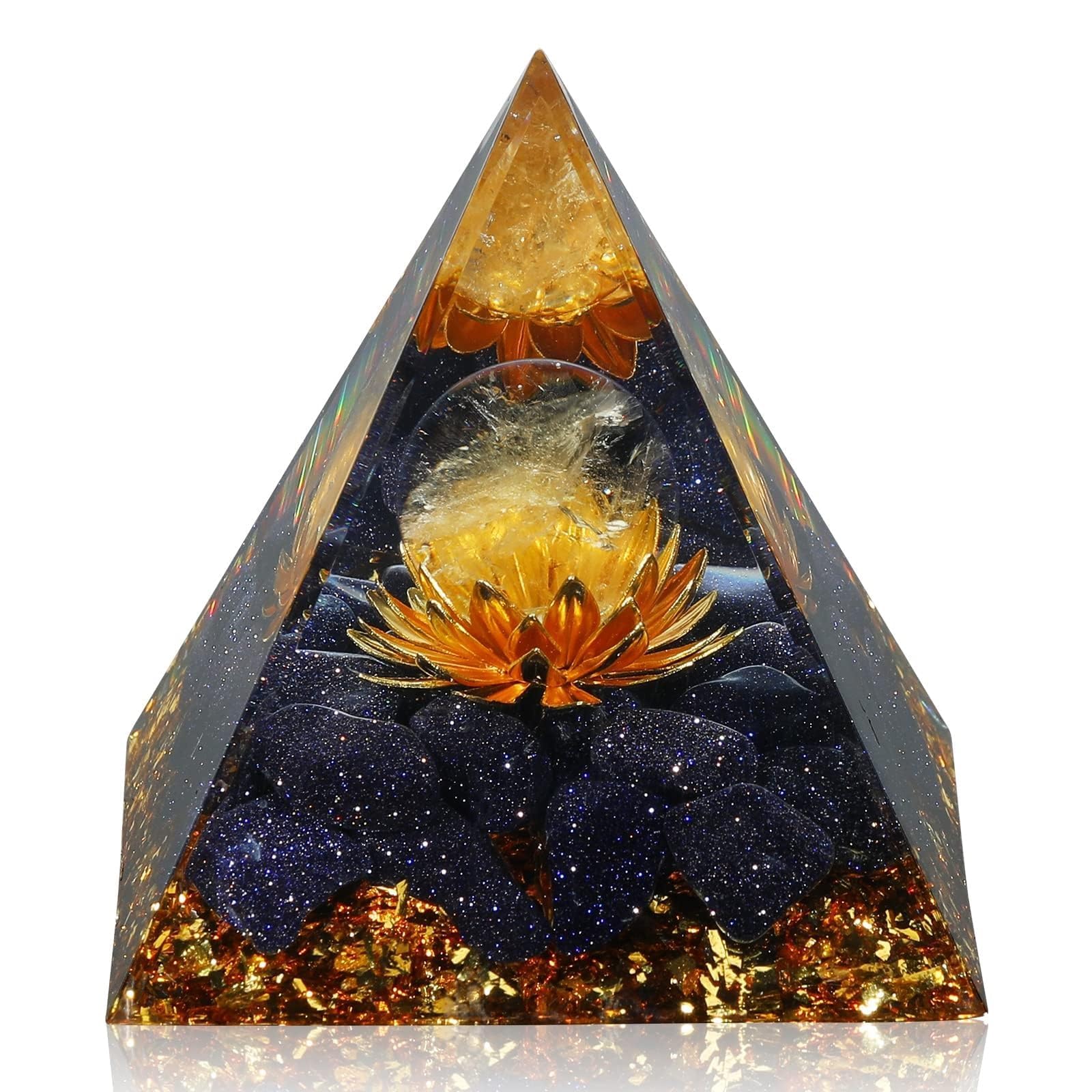 THE WHITE SHOP Pyramid Brings Positive Energy, Crystal Pyramids of Citrine and Blue Sandstone Stones Reduce Stress Healing Meditation Attract Luck and Success Pyramid Lotus Crystal Home Desktop (A)