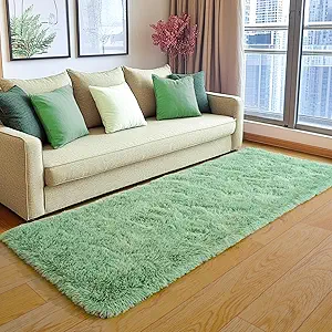 KING DARE Runner 2x6 Rugs for Bedroom, Fluffy Shaggy Sage Green Rug for Dorm, Fuzzy Shag Plush Non-Slip Washable Soft Carpet for Bedside Girls Boys Kids Room Decor