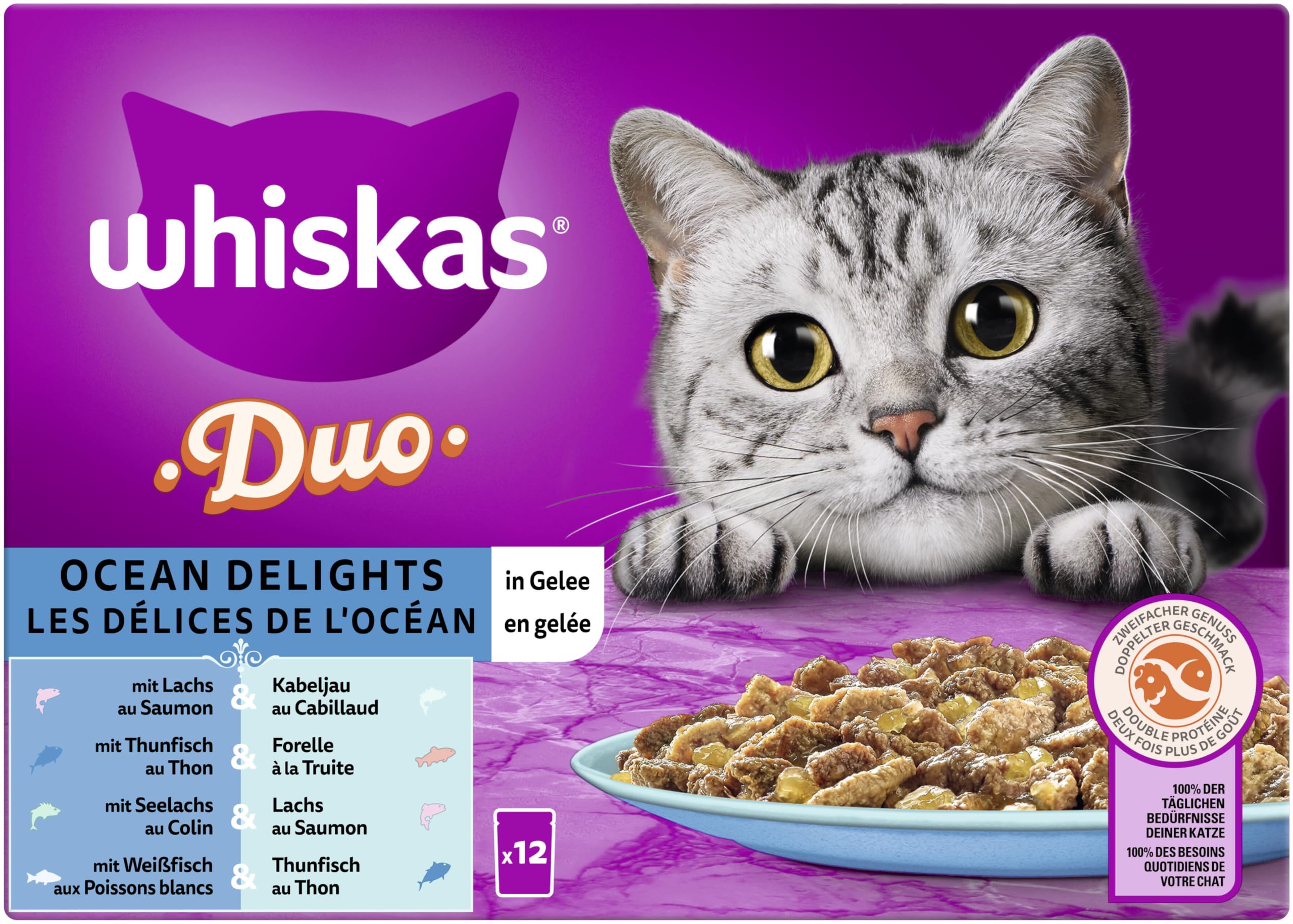WHISKAS Duo Nassfutter Portionsbeutel Multipack, Ocean Delights in Gelee, 12 x 85g