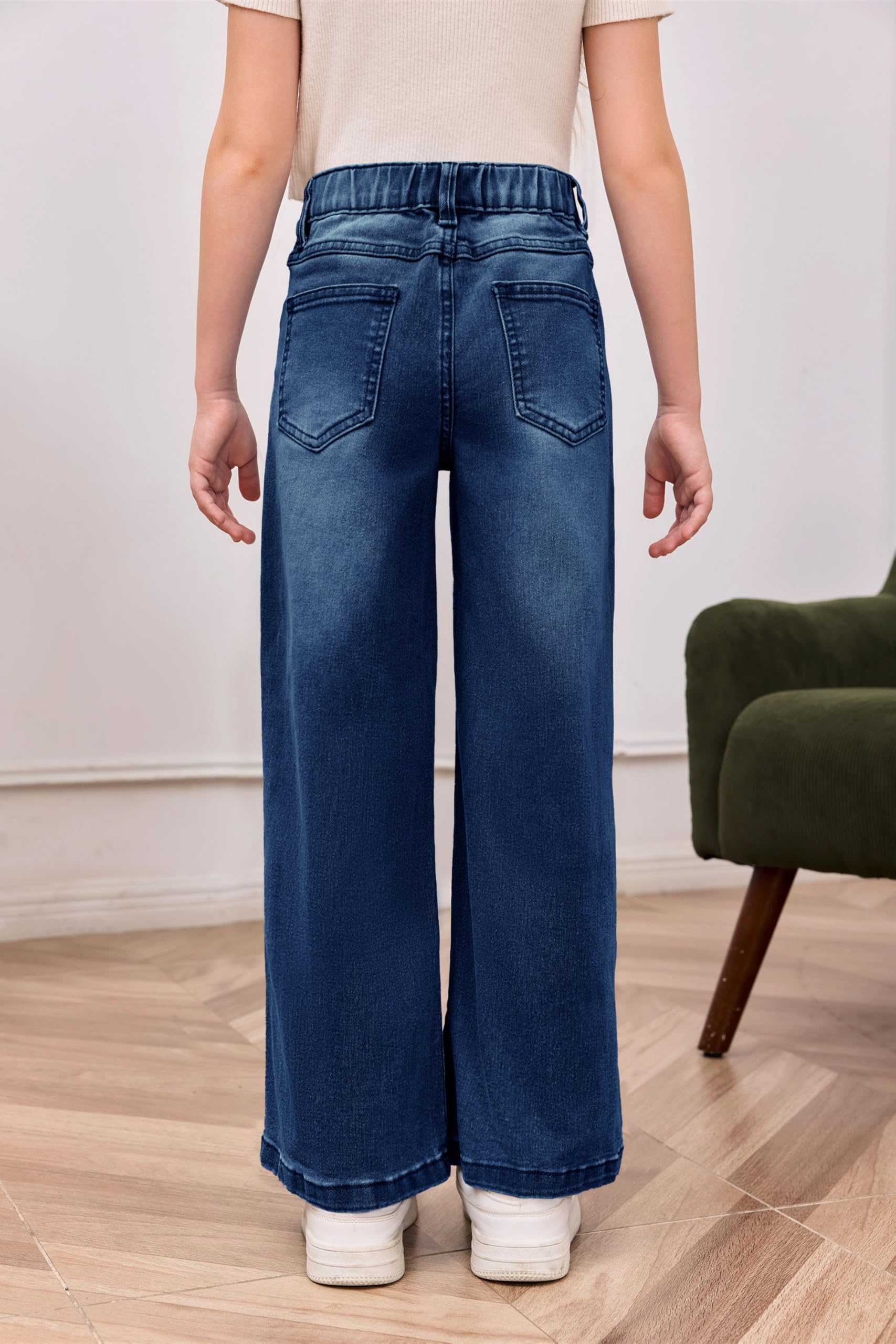 Haloumoning Pantalones vaqueros de cintura alta para niñas, pantalones vaqueros con cintura elástica, piernas anchas