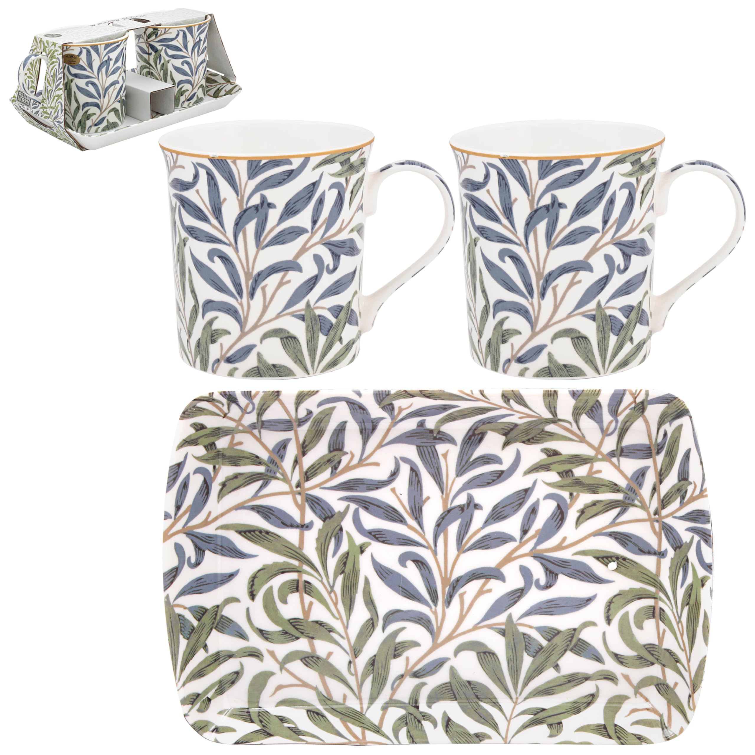 2pc Mugs with Serving Tray William Morris Willowbough Gift Set Kitchen Tea Party