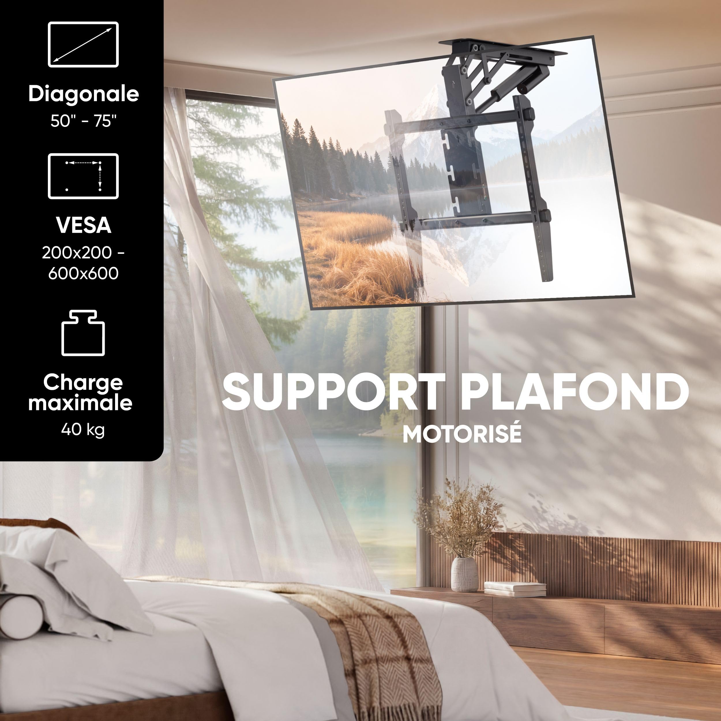 ONKRON Support TV Plafond Motorisé pour 50-75 Pouces Téléviseur Jusqu’à 40 kg, Support Tele Motorisé VESA 200x200-600x600, Accroche Tele Electrique, Fixation Television sous Pente Noir N3LE-B
