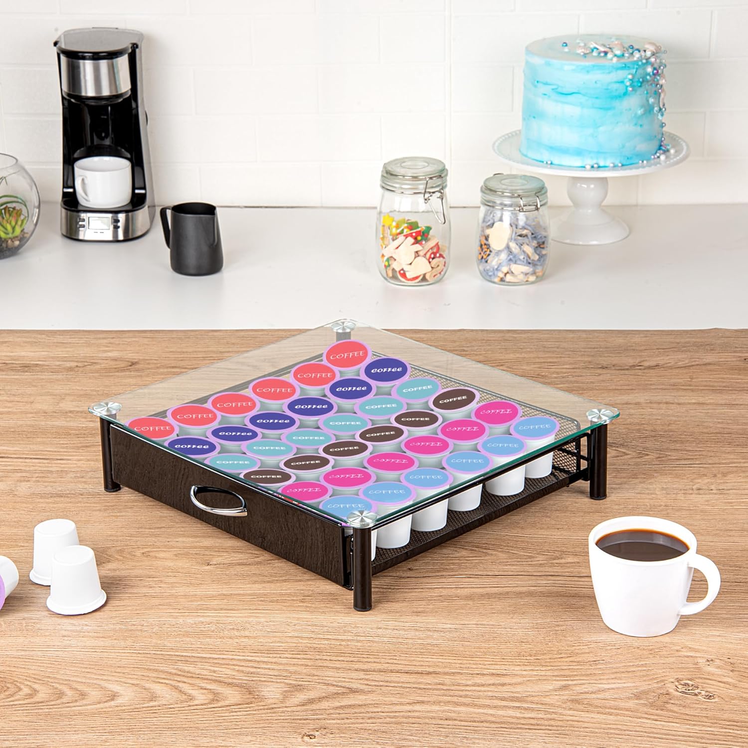 Restaurantware Restpresso 15.2 x 13.6 x 3.4 Inch Coffee Capsule Drawer, 1 Heavy-Duty Pod Drawer - Holds 36 K-Cups, Glass Top, Iron Espresso Pod Organizer, Mesh Tray, Pods Not Included