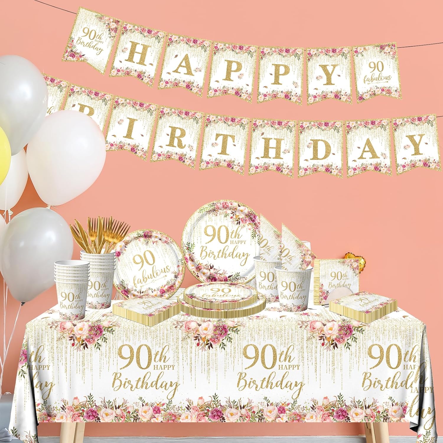 90th Birthday Party Tableware, 142Pcs Rose Gold 90th Birthday Decorations for Women, Includes Plates, Napkins,Tablecloth, Cup, Banner, Serves 20 - Image 4