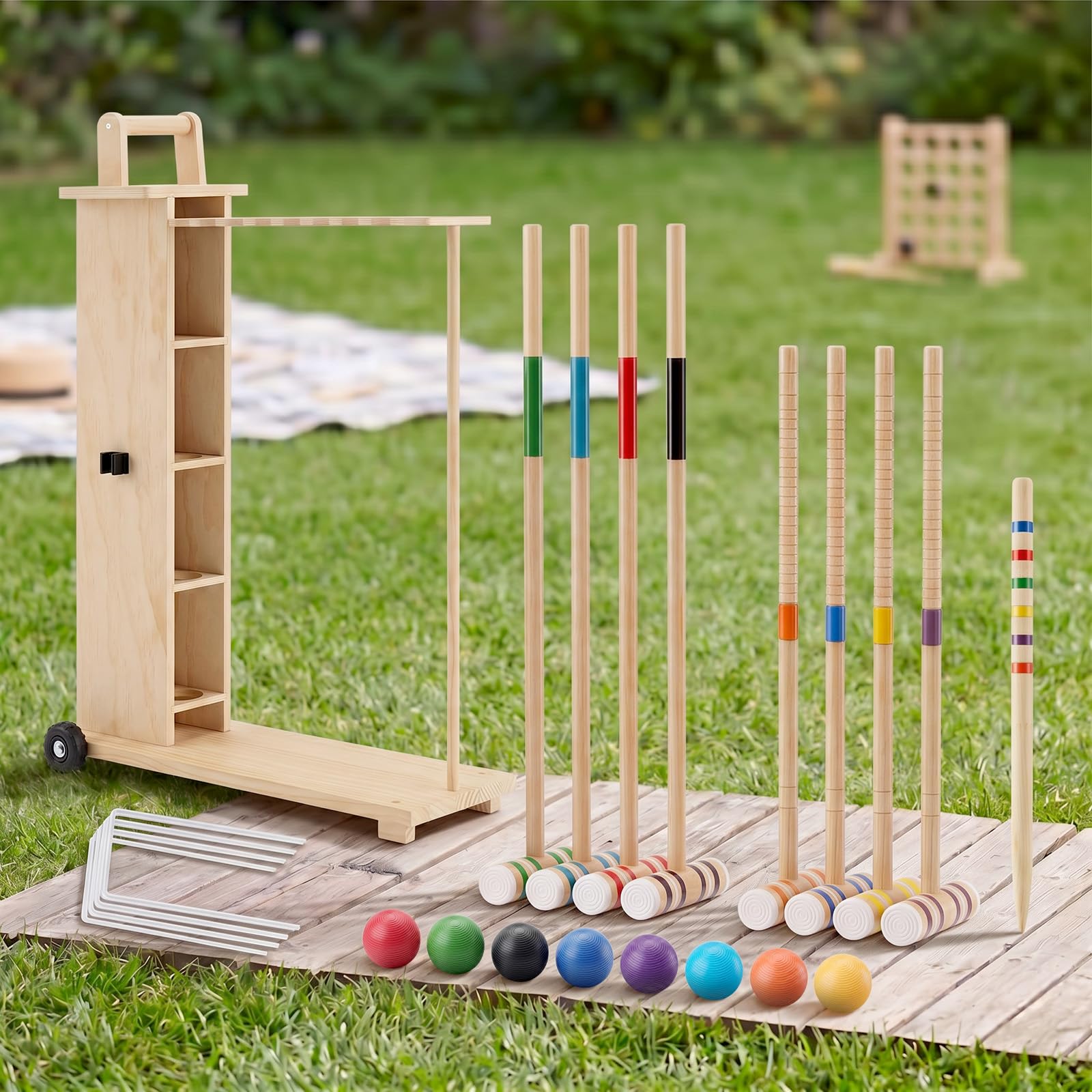 Hiboom Juego de croquet para 8 jugadores para adultos con soporte de madera