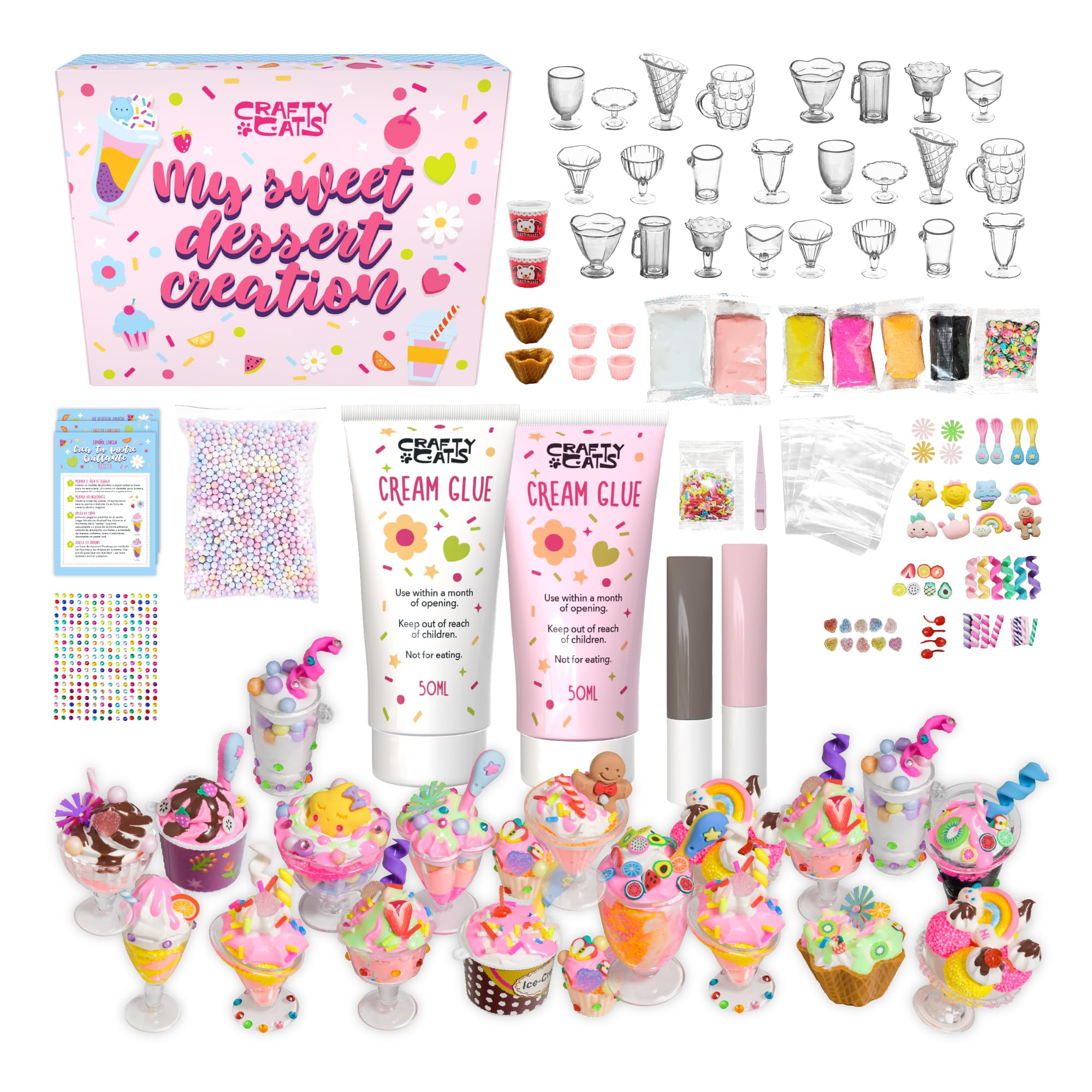 CRAFTY CATS Kit de loisirs créatifs Fête des Desserts – 115 pièces, argile à séchage à l’air, perles, colle crème avec embouts, set créatif DIY pour anniversaires et cadeaux, enfants 6+