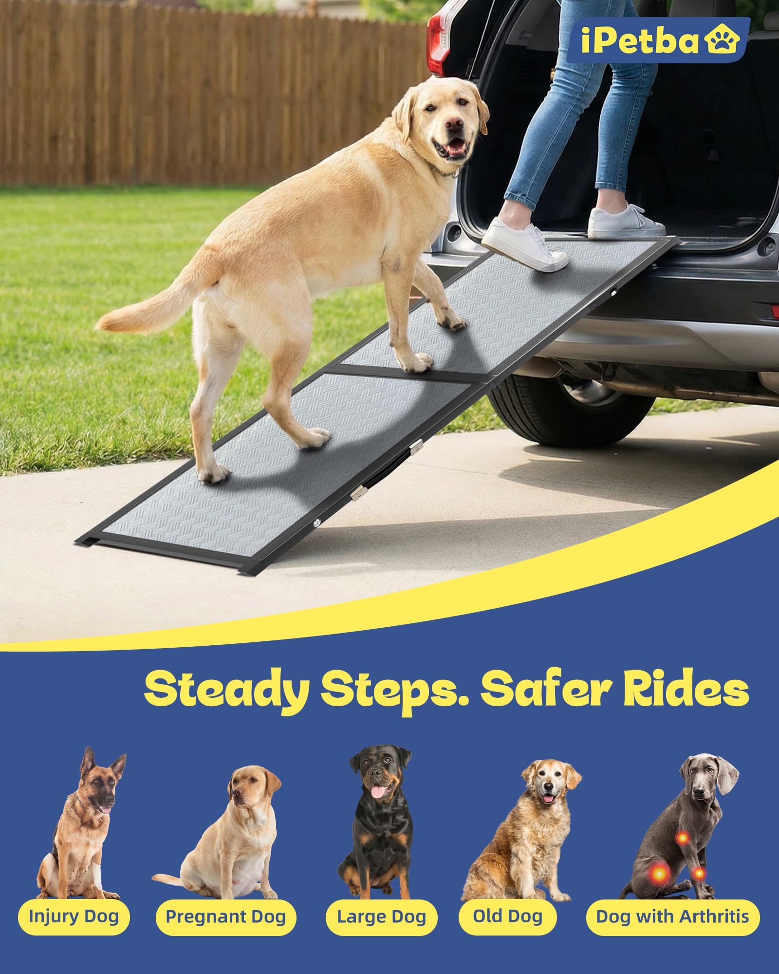 Rampa para perros XL para automóvil, SUV y escaleras, diseño extra ancho, seguro para las articulaciones con superficie antideslizante, soporte estable de hasta 200 libras