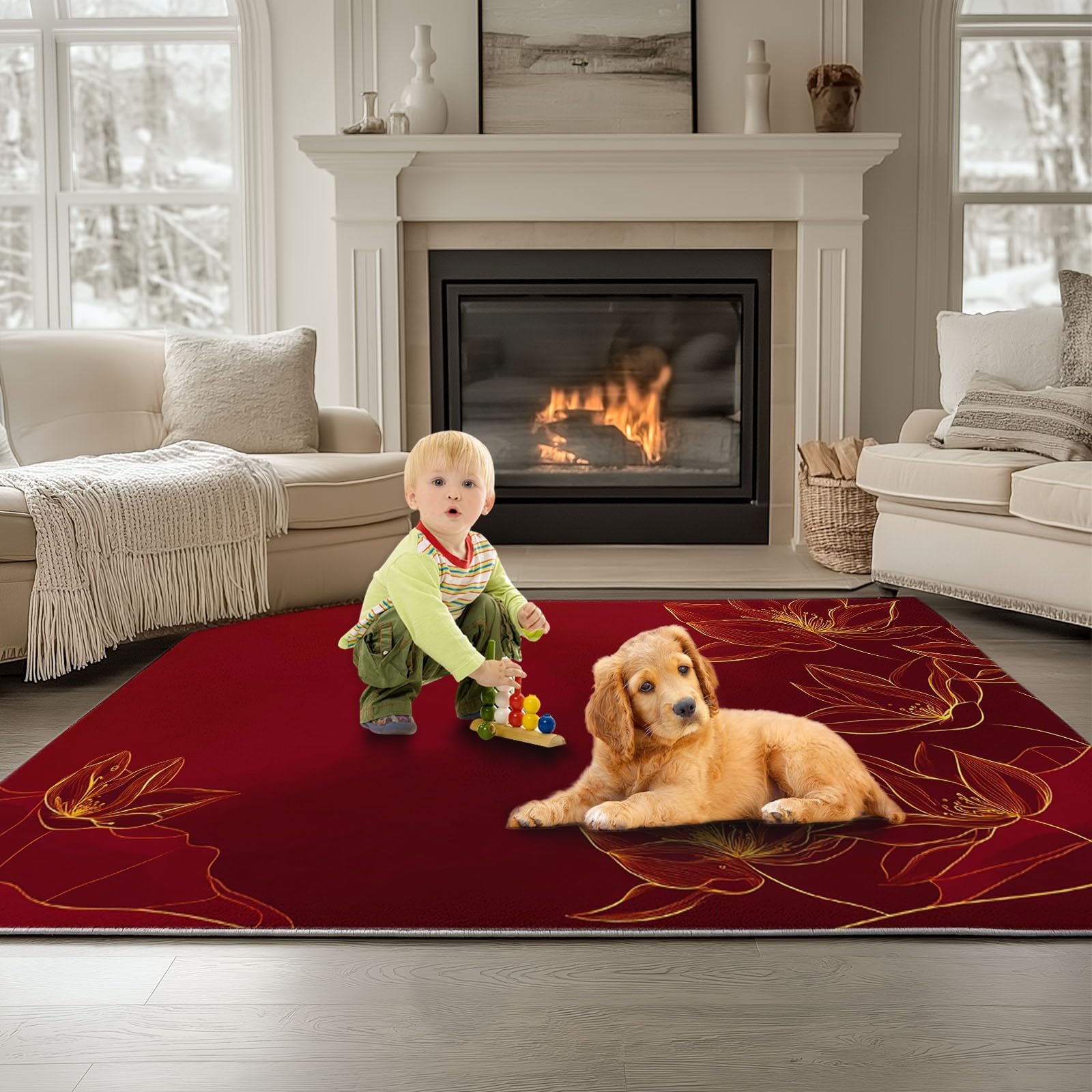 Generisch Kinderteppich Rot Osten Blumen Lotus Linien 80 x 150 cm - rutschfeste Spielmatte Krabbeldecke Teppich Pflegeleicht Waschbar, Weicher Kurzflor für Schlafzimmer & Home Office