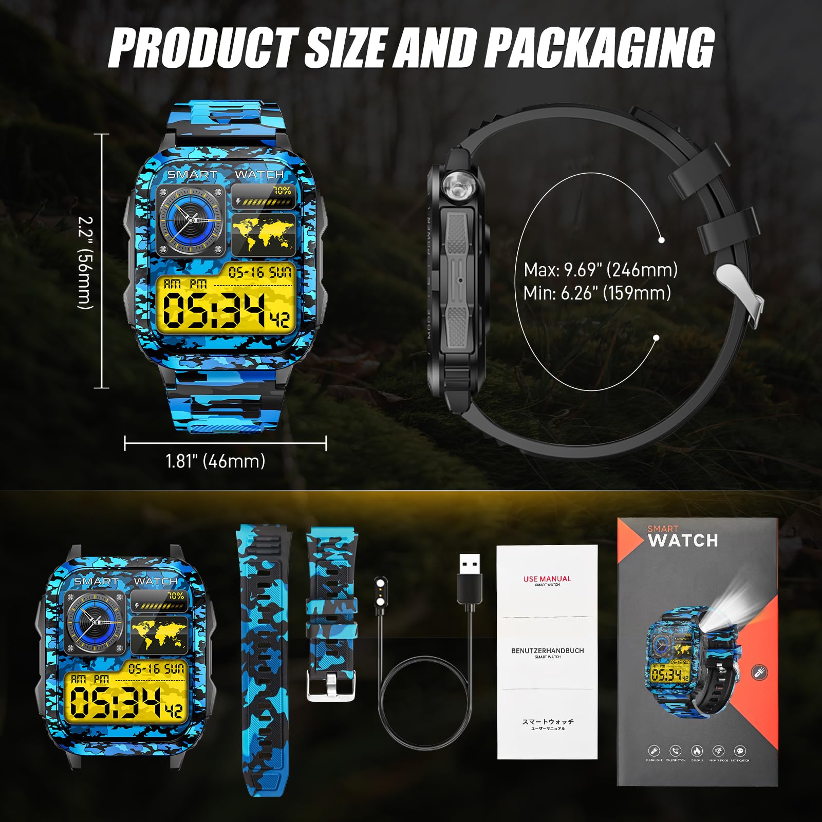 Montre intelligente militaire pour homme avec appel/lampe de poche LED/lumière UV 5 cm, grand écran 3 ATM, étanche, robuste, montre intelligente tactique avec moniteur de fréquence cardiaque, SPO2
