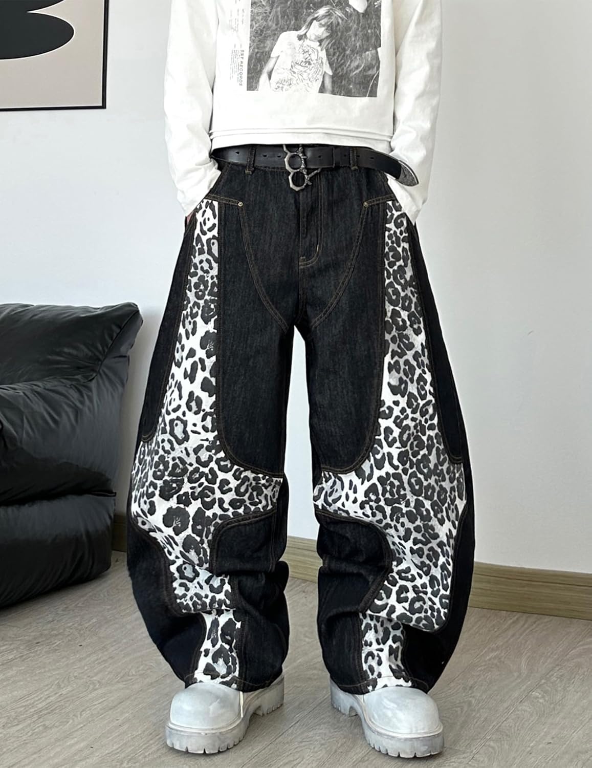 Mens Wide Leg Jeans Baggy Loose Fit Denim Pants Skater Jeans Y2k Patchwork Trousers Streetwear