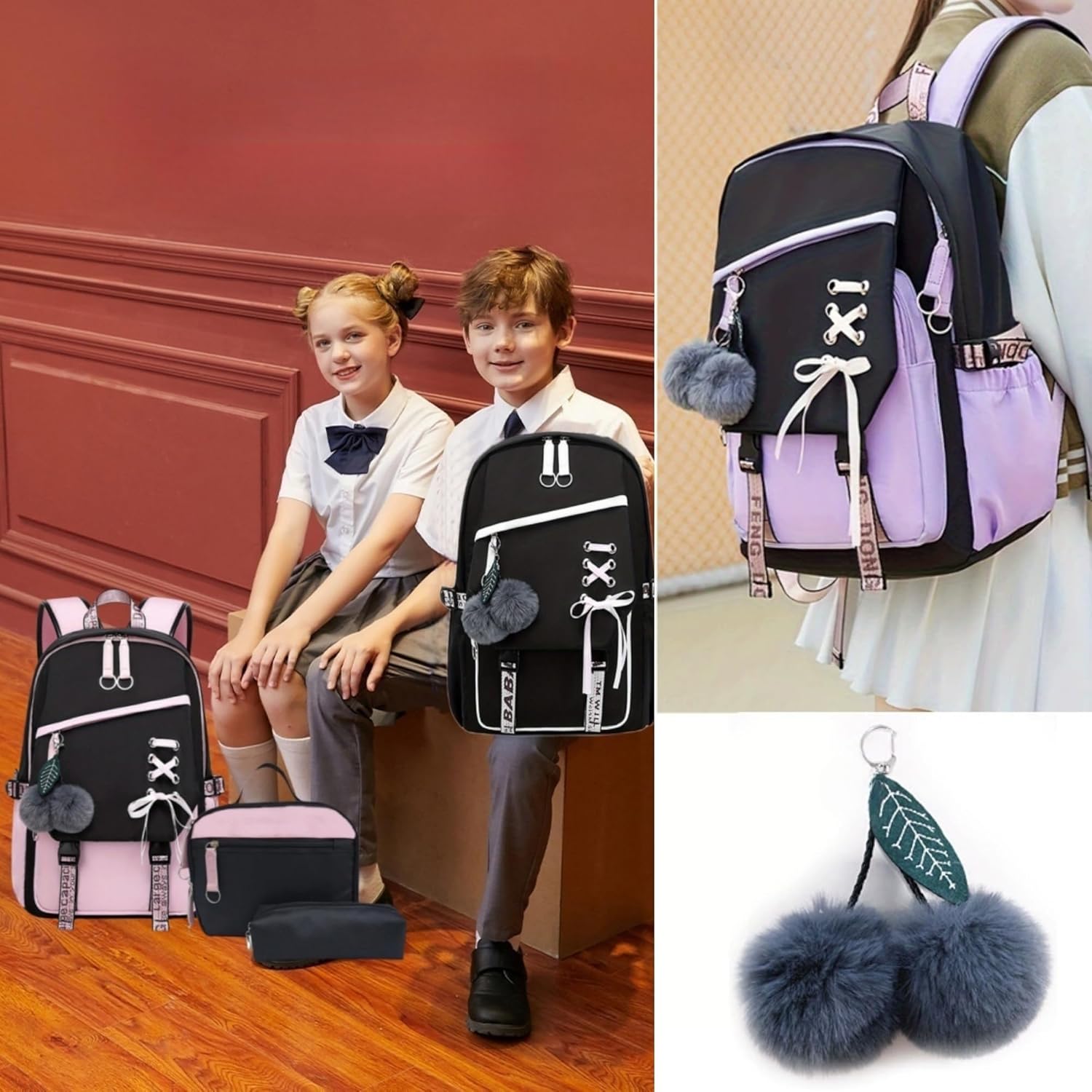 School Backpack for Girls Color-block School Bag with Lunch Box Pencil Case Set 3PCS Girls Backpack for School Kids Bookbag - Image 6