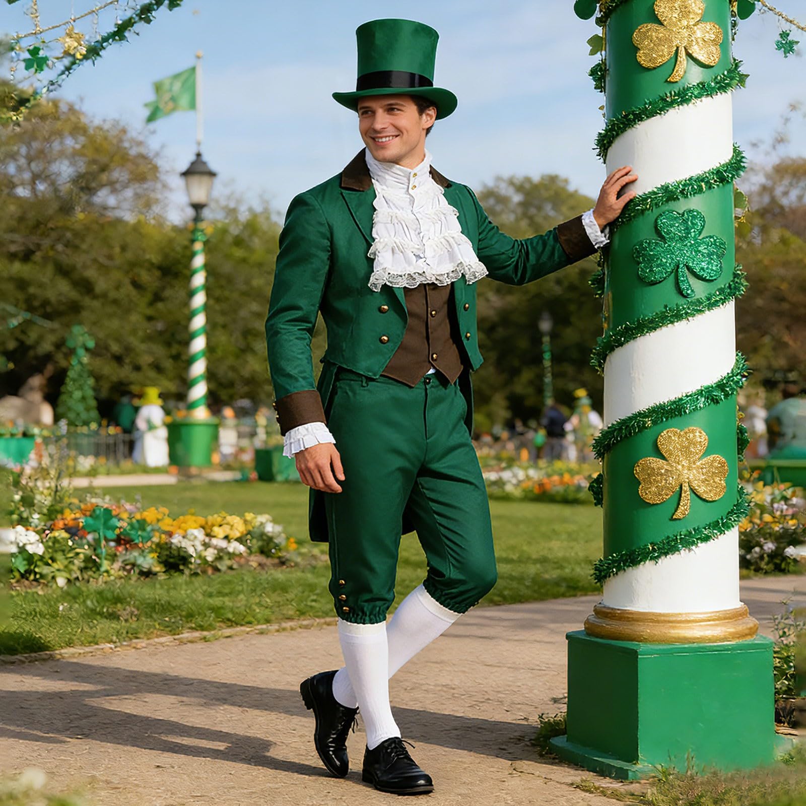 5-teiliges Leprechaun-Kostüm für Herren Komplett-Set für St. Patrick‘s Day Grüner Irischer Kobold Kostüm Karneval Faschingskostüm Erwachsene
