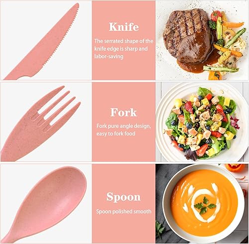 Miniatura 7 de Lnrkai Juego de utensilios grandes para camping, 4 juegos de utensilios reutilizables con estuche, juego de cubiertos de plástico para viaje con