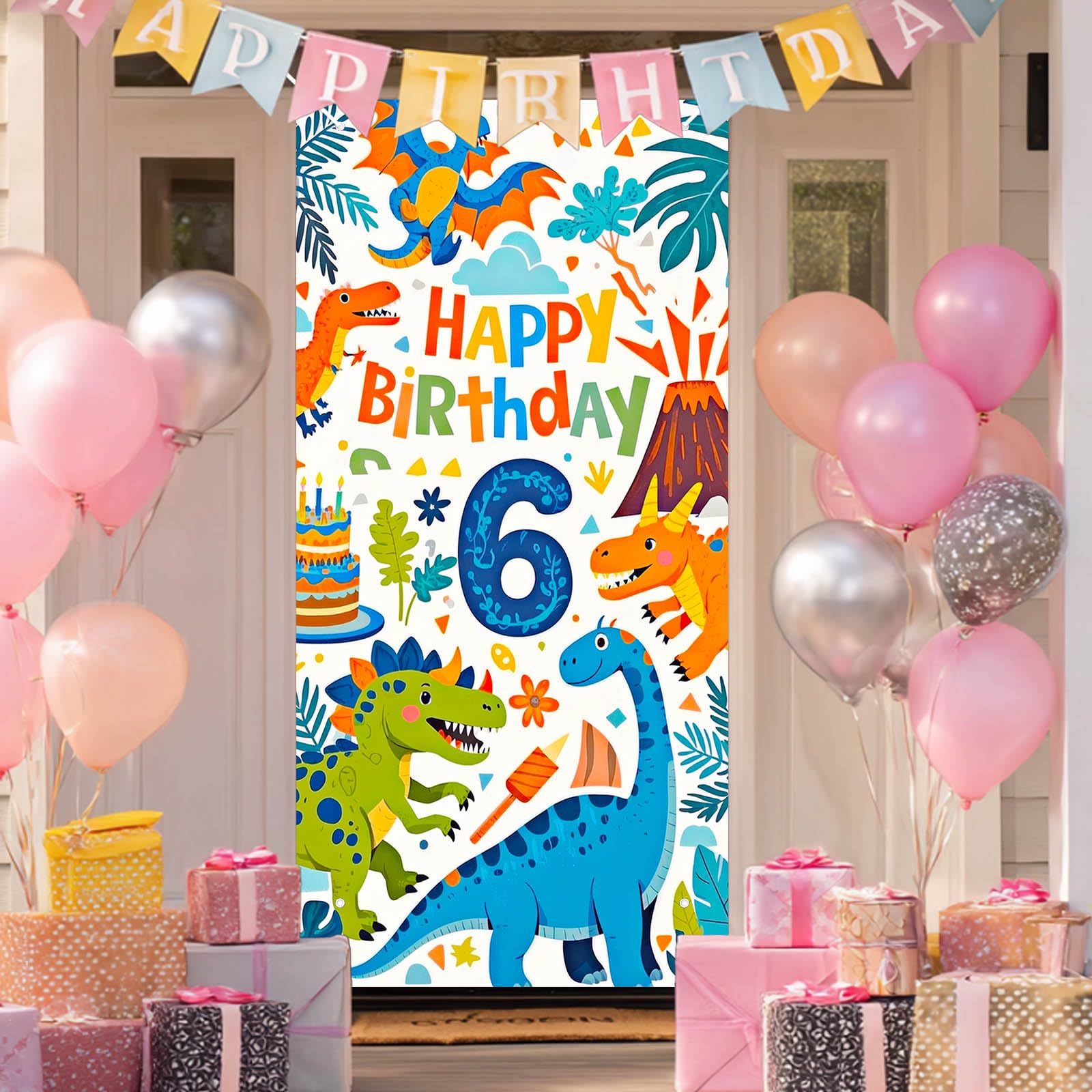 HOMETITUTE 6th Birthday Door Cover 71x35 Inch Dinosaur Theme Birthday Banner for Kids Party Decorations Volcano Jungle Backdrop Sign for Boys Girls Cake Table Props