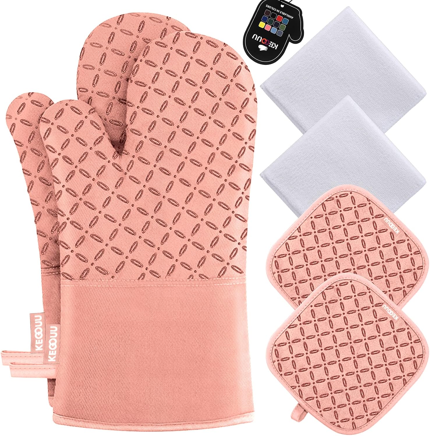 KEGOUU Oven Mitts and Pot Holders 6pcs Set, Kitchen Oven Glove High Heat Resistant 500 Degree Extra Long Oven Mitts and Potholder with Non-Slip Silicone Surface for Cooking (Pink)