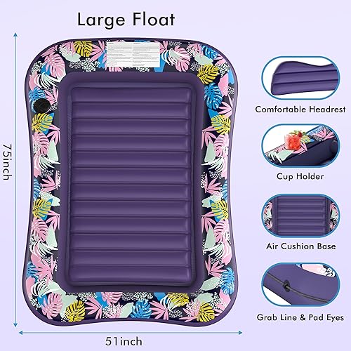 Miniatura 6 de Flotador para tumbona de piscina, de 75 x 51 pulgadas, para adultos, con reposacabezas y soporte para bebidas, cama inflable para tomar el sol,