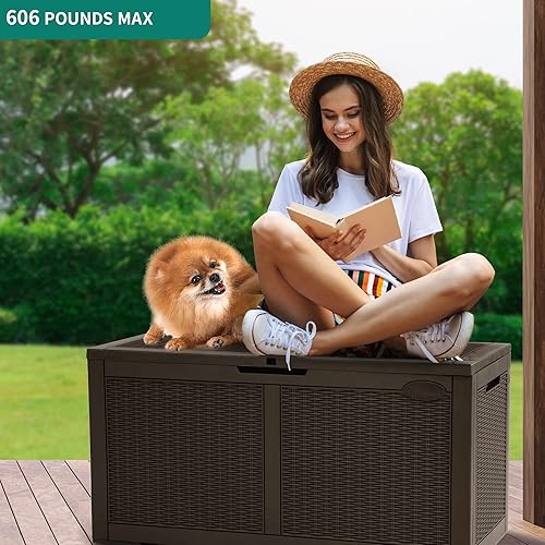Miniatura 6 de YITAHOME 100 Gallon Large Deck Box wStorage Net, Resin Outdoor Storage Boxes, Waterproof Patio Cushion Storage Bench for Patio Furniture, Pool