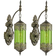 VitaLink Gothic Wall Sconce Set of 2, Hardwired Green Glass Wall Mount Lighting Fixture Mid-Century Retro Wall Lamp for Living Room Bedroom Entryway