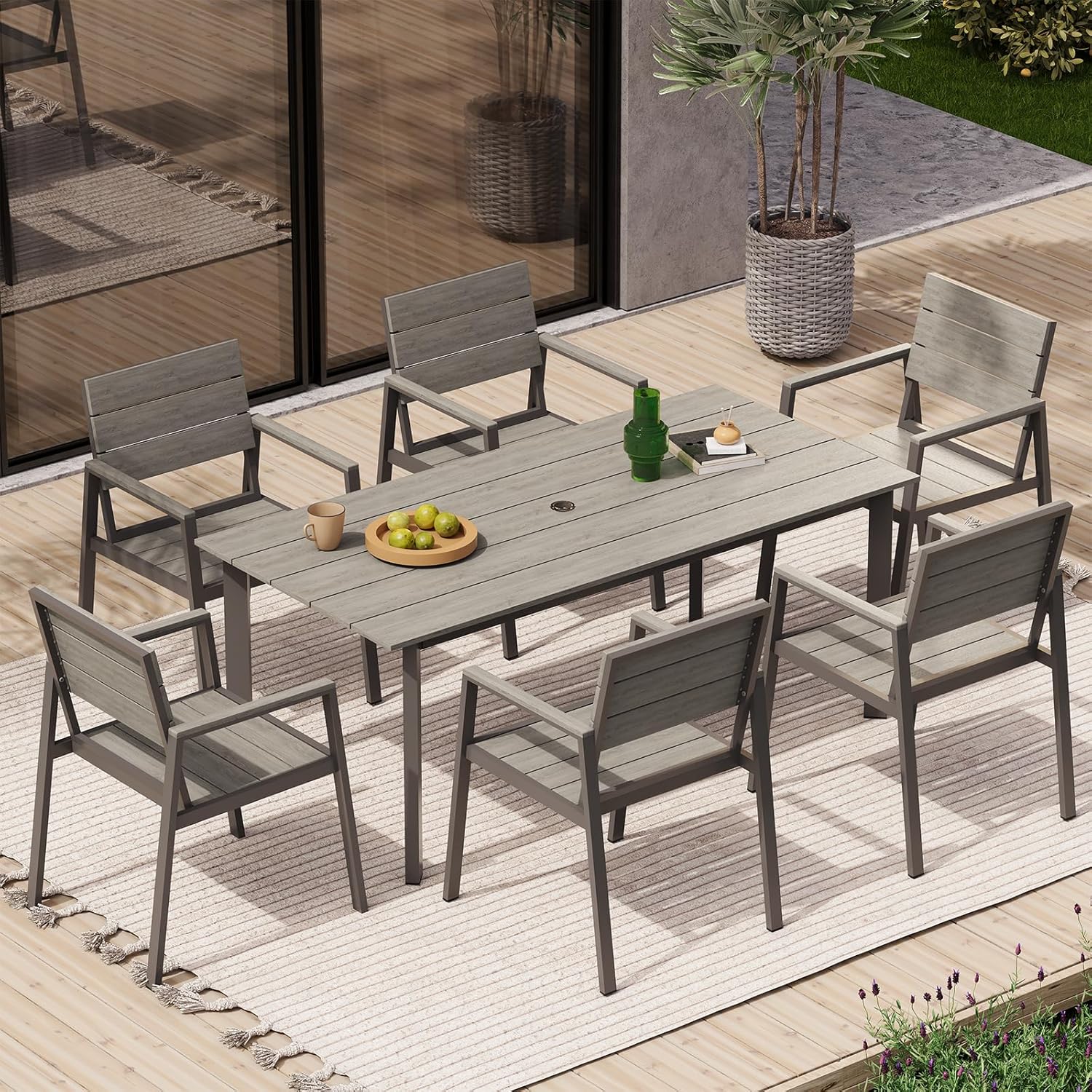 Outdoor Dining Set for 6, Patio Table and Chairs Set with Umbrella Hole, 7 Pieces HDPS Outdoor Furniture Sets for Patio, Garden, Backyard (Gray) 7 Piece Classic Gray