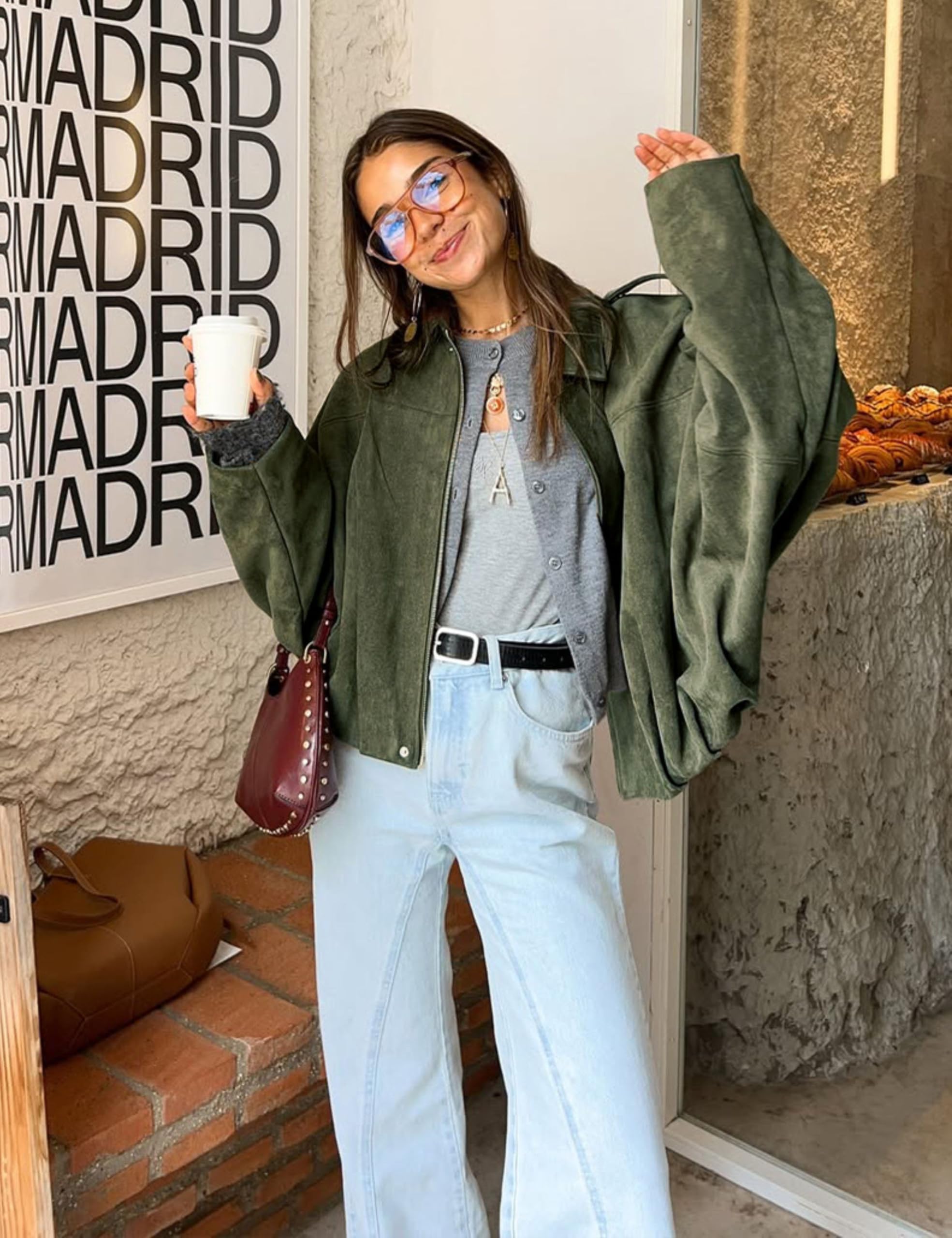 Generisch Chaqueta bomber de ante sintético para mujer, con cremallera, abrigo de piloto con solapa de primavera, ropa de calle casual de manga larga, marrón, M