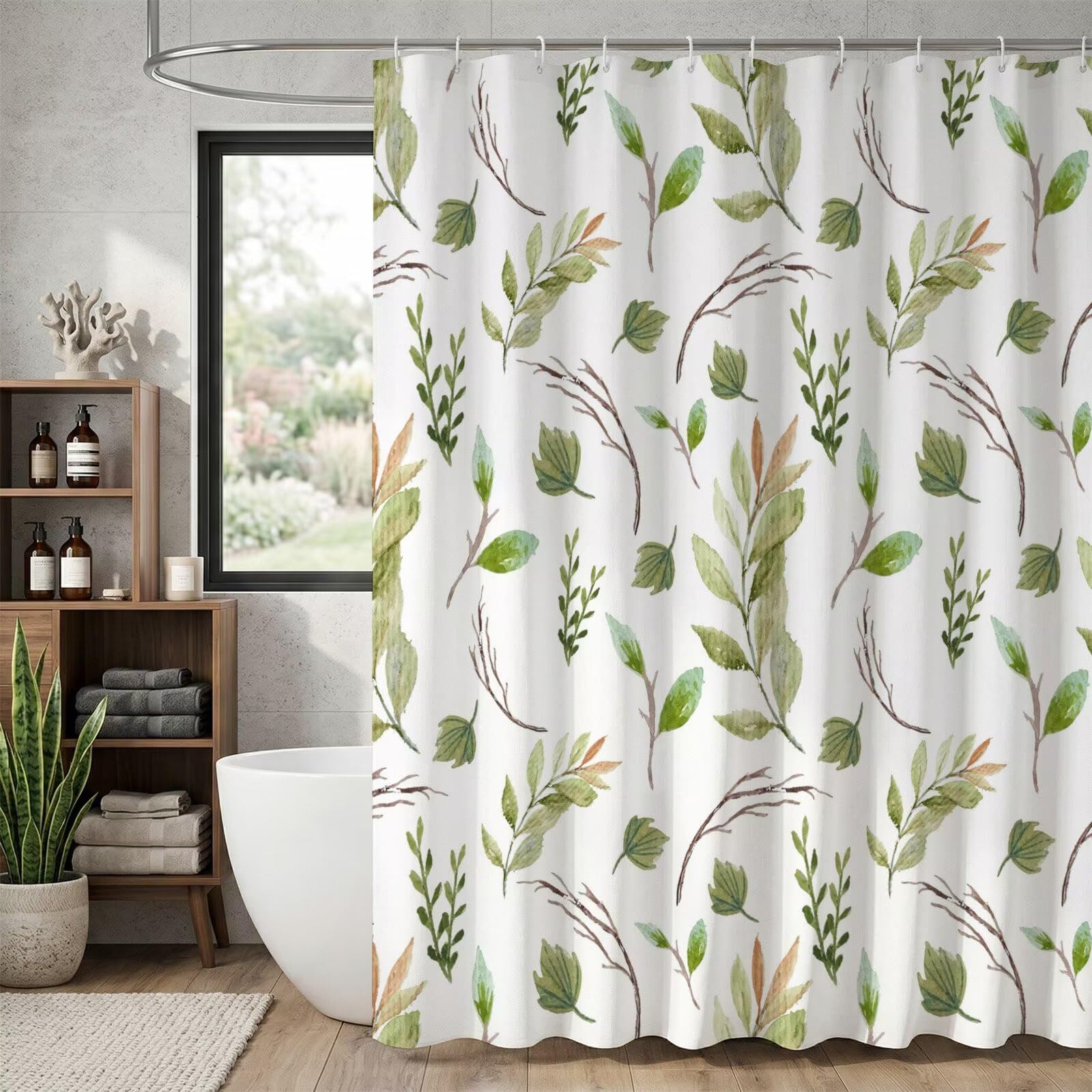 Duschvorhang 300x200 cm, Salbeigrün Anlage Design, wasserdichte Badezimmer Duschvorhänge, Polyester Stoff Badevorhang mit Beschwertem Saum, Maschinenwaschbar Schnelltrocknend mit 12 Haken, K-O8081