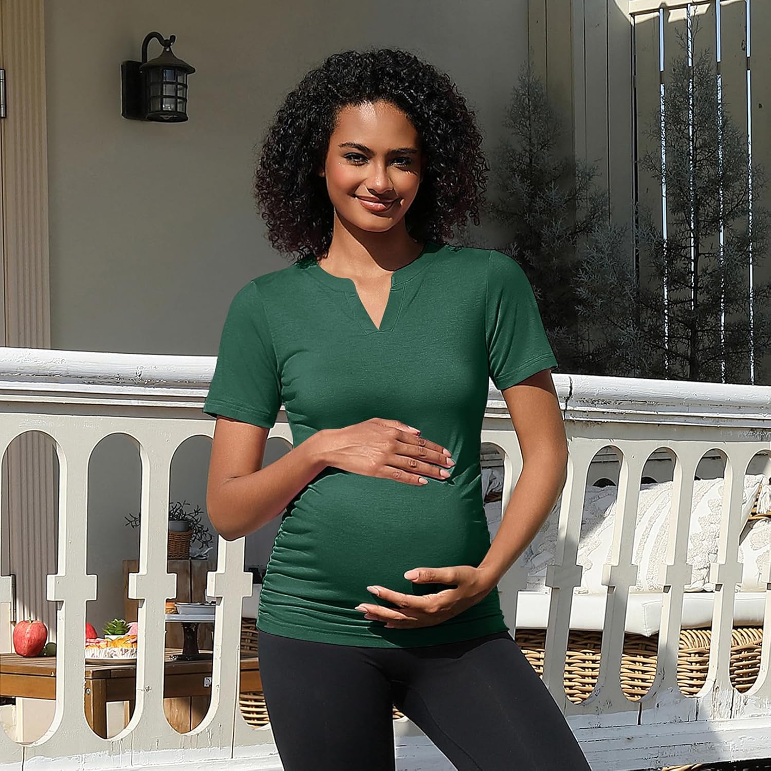 GNIKANA Maternity Shirt Short Sleeve V Neck Tee Ruched Sides Casual Tunic Pregnancy Tshirt Blouse - Image 2