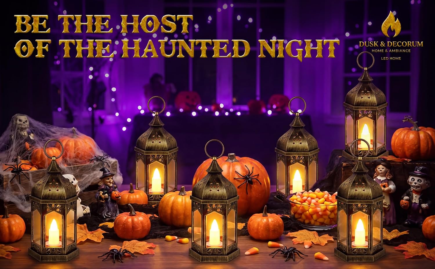 Halloween Lanterns, 6 Pack Brushed Gold LED Candle Lanterns, Battery Operated Hanging Lanterns with Warm Flickering Light, Metal Decorative Lanterns for Halloween Party, Table & Home Decor