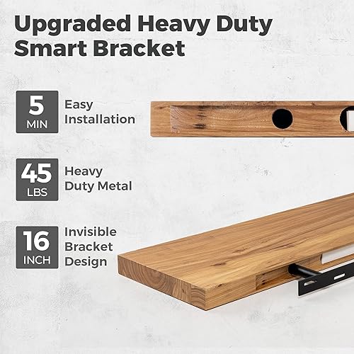 Miniatura 5 de RICHFOCUS Estantes flotantes de olmo para pared, 24 pulgadas de ancho x 9.3 pulgadas de profundidad, estantes rústicos de madera maciza con soporte