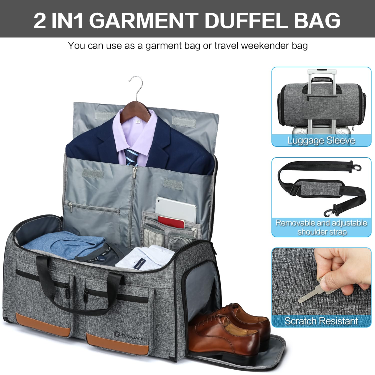 Borsa da viaggio da uomo, 58 l, con scomparto per scarpe e funzione zaino, grande sacco da viaggio, Grigio PU, grigio + PU