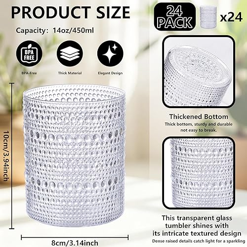 Miniatura 2 de YOUBET 24 Vasos de Plástico con Relieve para Beber - 14 Oz Vasos Transparentes Vintage - Cristalería Desechable con Cuentas para Jugo, Vino, Fiesta